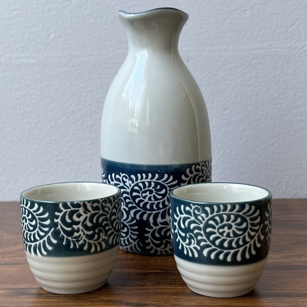 Japanese Blue and Grey Porcelain Sake Set Handmade Traditional Swirl Retro